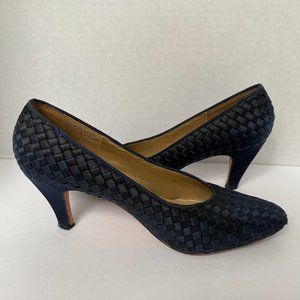 ETIENNE AIGNER Samantha Navy Blue Woven Fabric Upper Leather Sole Heels Pumps